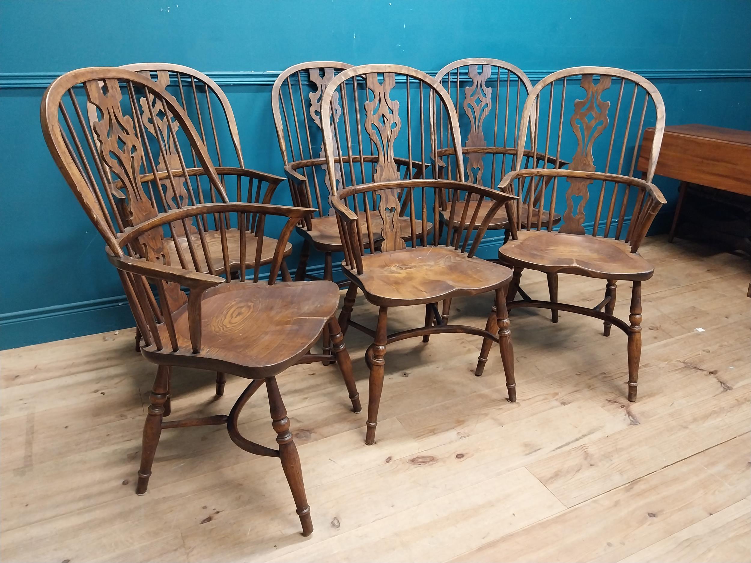 Set of six early 20th C. ash and elm Windsor armchairs raised on carved legs {106 cm H x 58 cm W x - Image 2 of 10