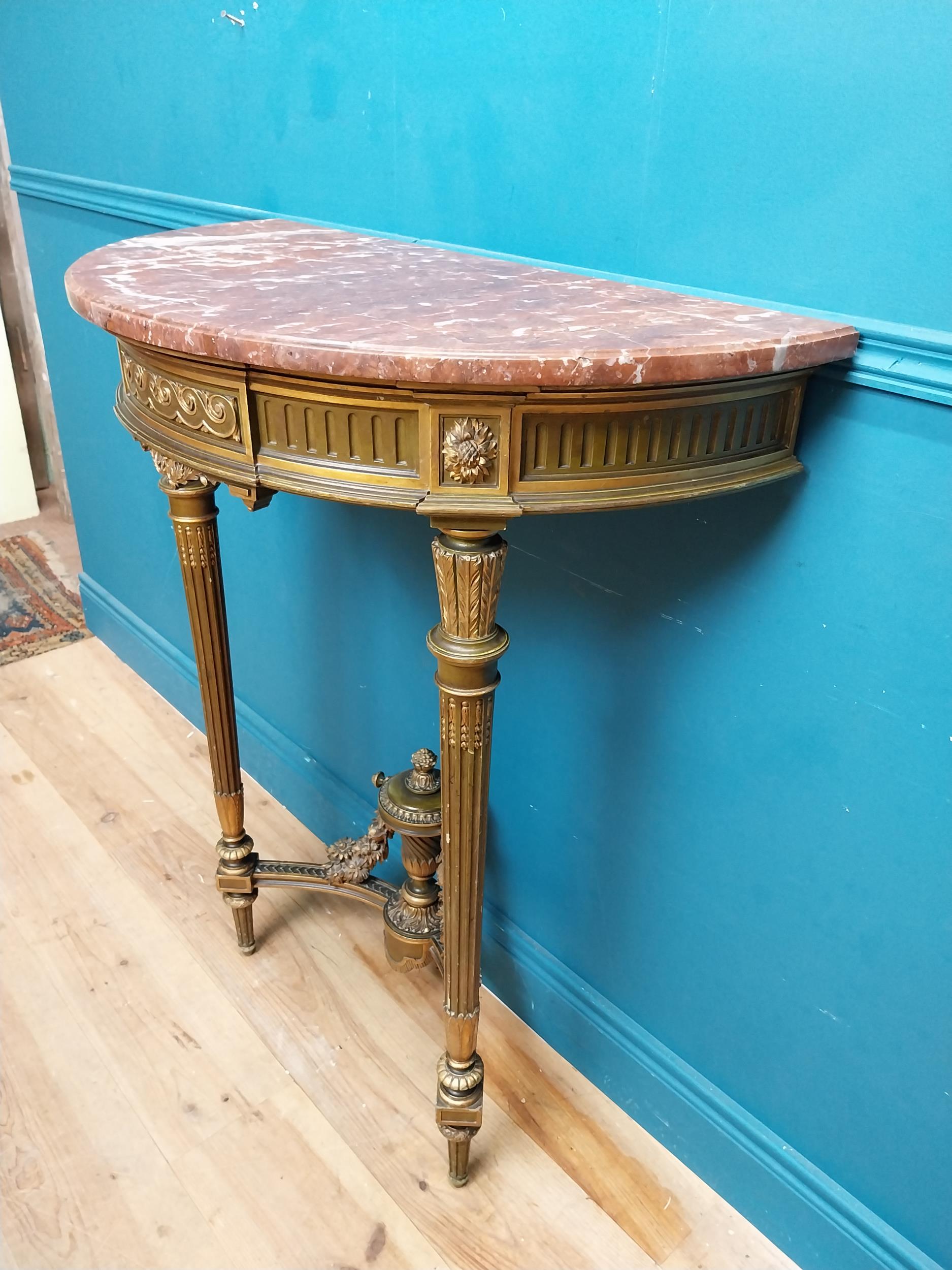 Good quality giltwood and painted console table with marble top on tapered reeded legs. {101 cm H - Image 7 of 7