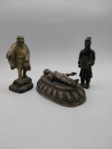 Three metal and soapstone figures - Warriors and Death Scene. {22 cm h x 11 cm W x 8 cm D}, {21 cm H