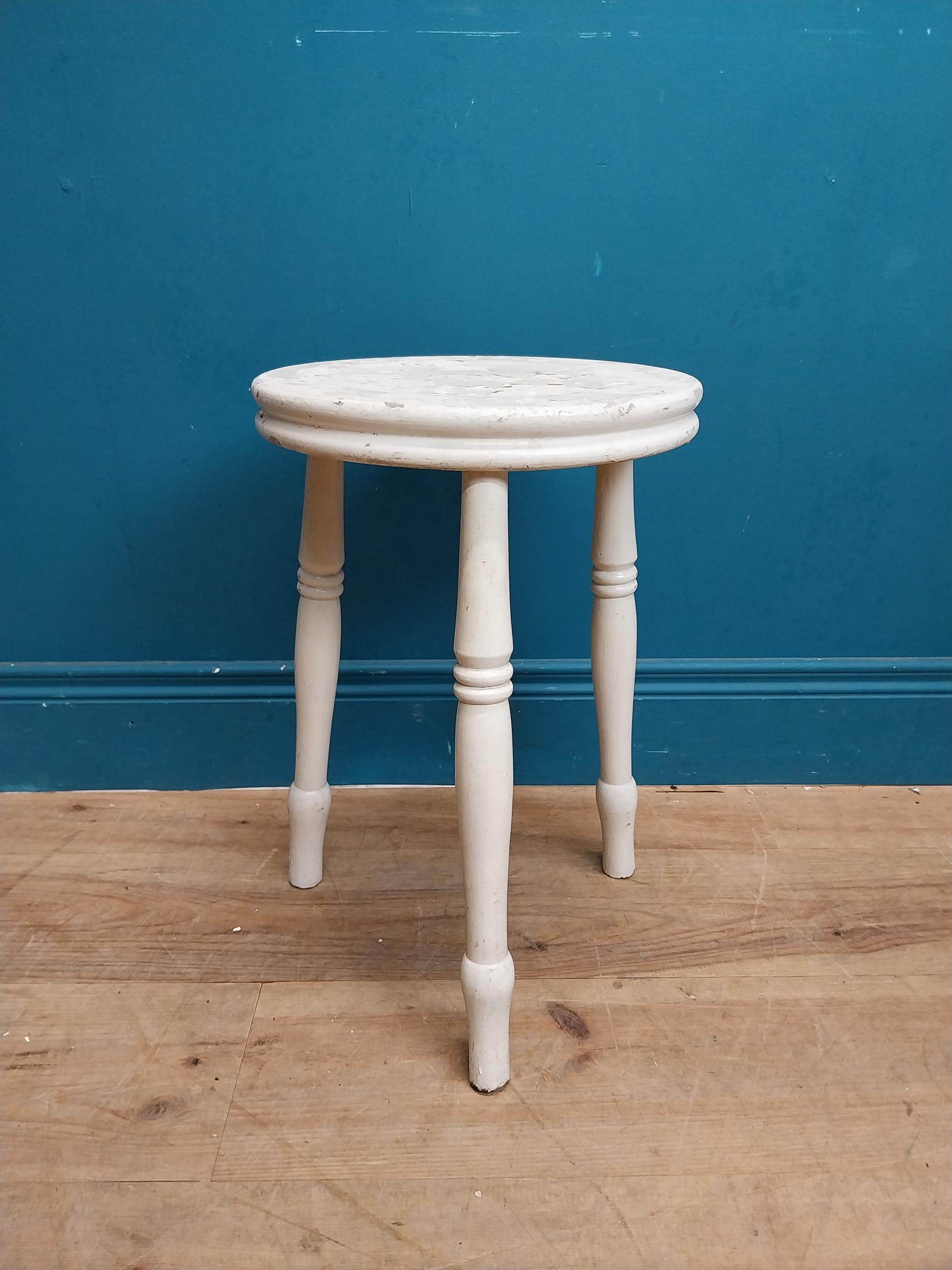 1940's painted pine stool on three turned legs. {46 cm H x 33 cm Dia.}. - Image 2 of 6