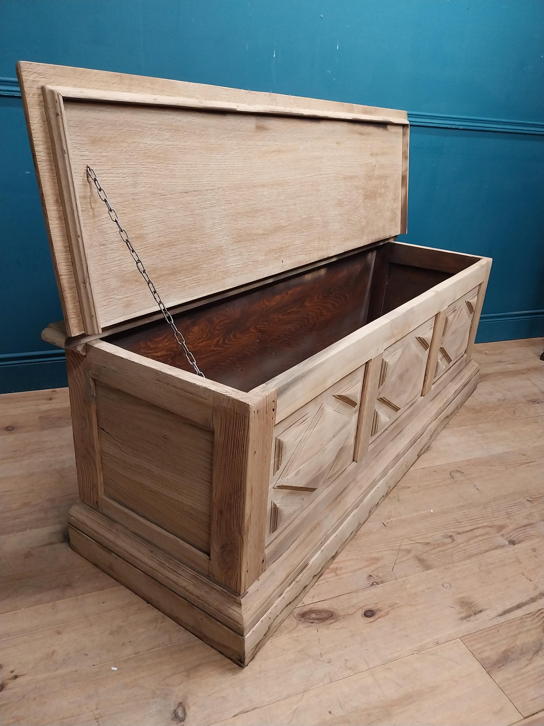 Early 20th C. bleached oak blanket box with metal mounts. {57 cm H x 162 cm W x 52 cm D}. - Image 5 of 6