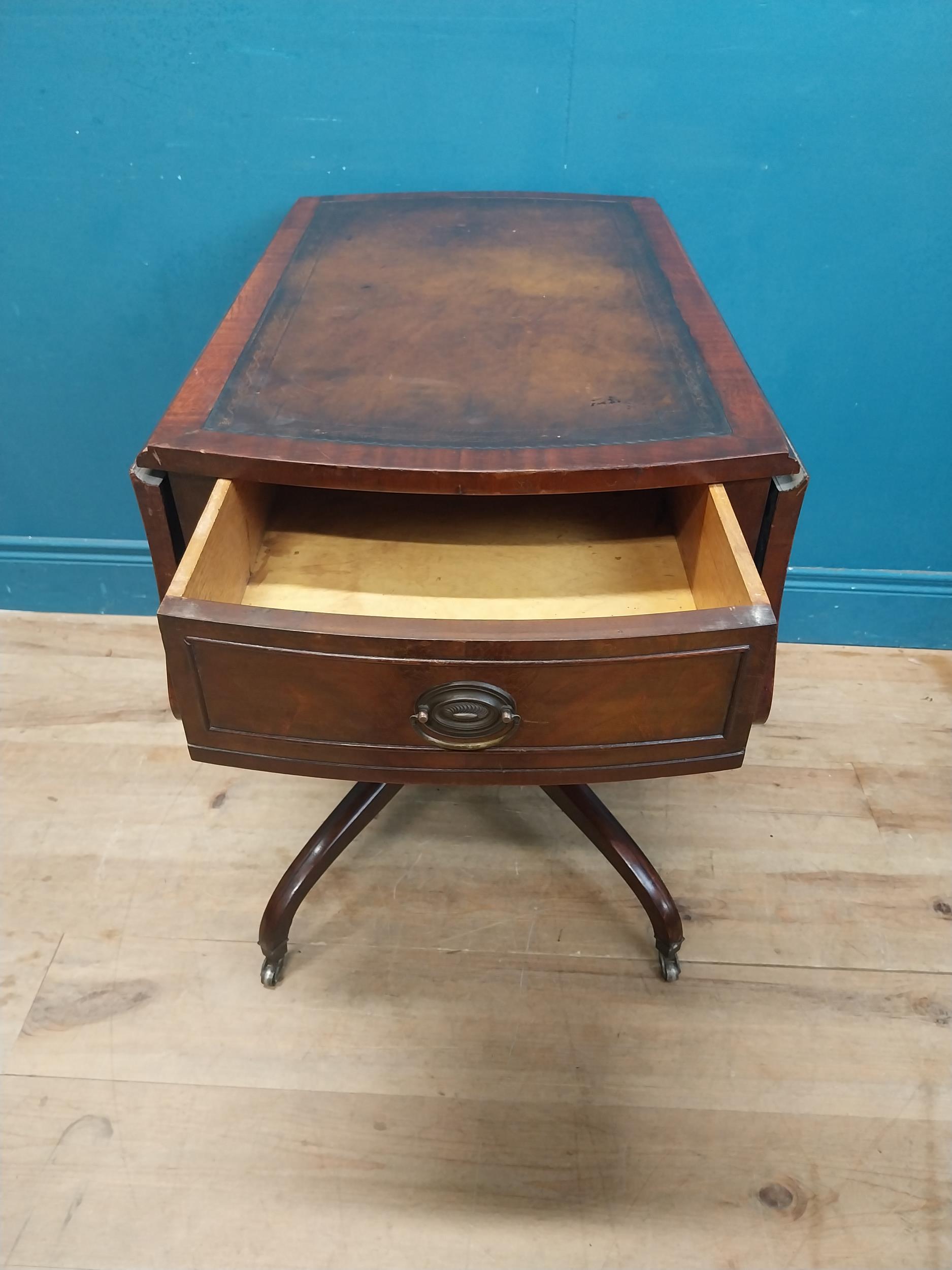 Walnut drop leaf centre table with leather top raised on carved column, four outswept feet and - Image 6 of 7