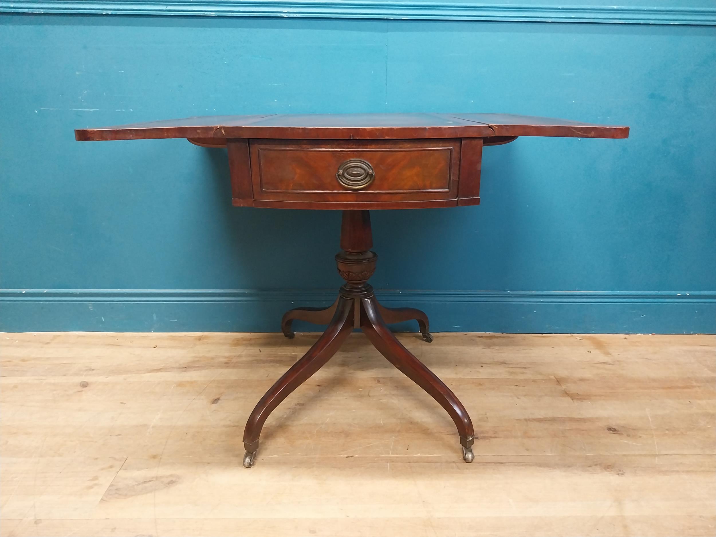 Walnut drop leaf centre table with leather top raised on carved column, four outswept feet and - Image 5 of 7