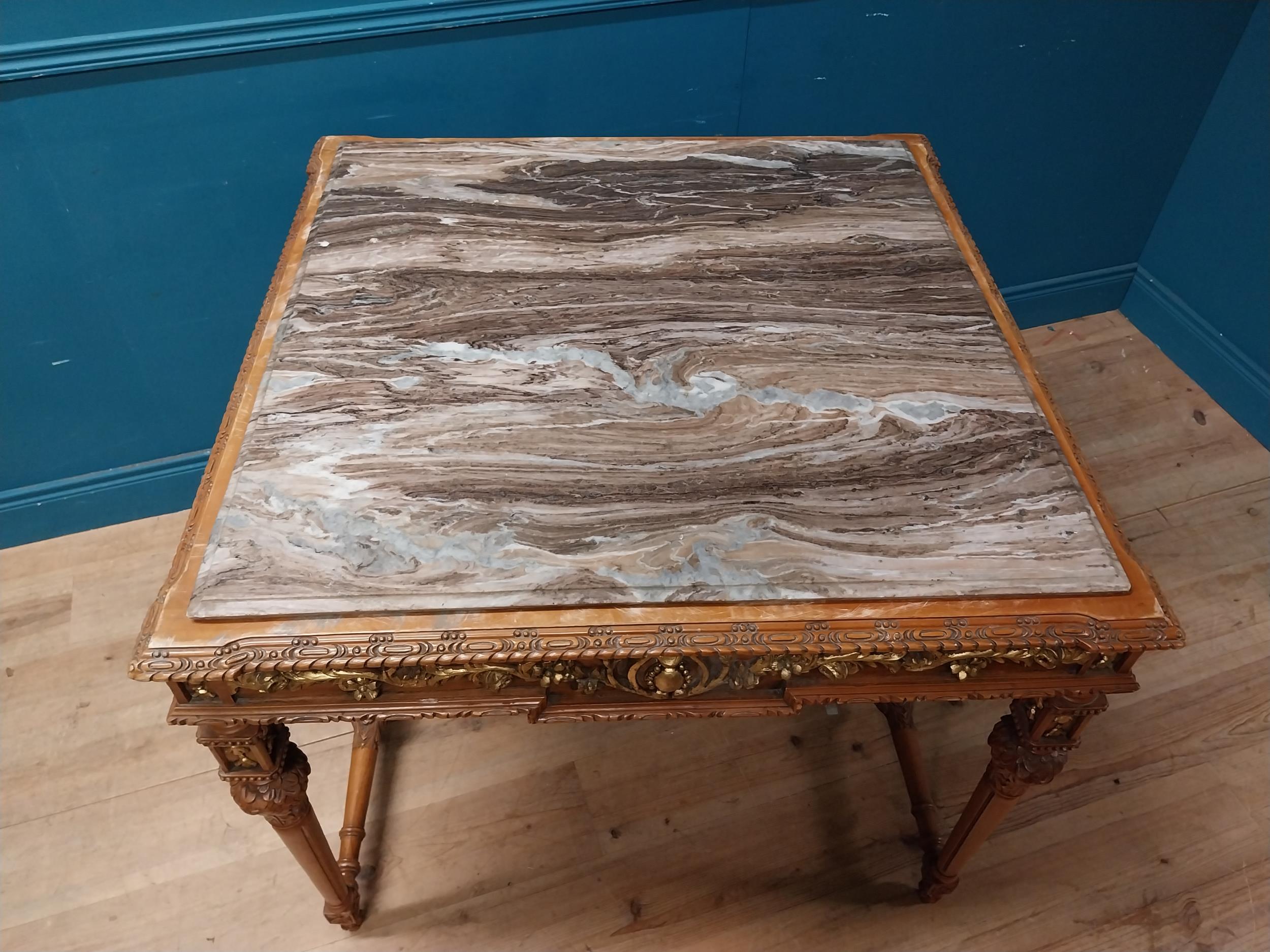 Walnut and partial gilt centre table with marble top raised on carved turned legs {87 cm H x 104 - Image 3 of 9