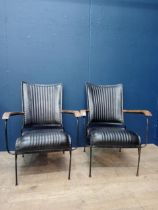 Pair of metal ribbed black leather baker chairs {H 88cm x W 65cm x D 75cm }.
