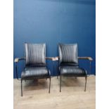 Pair of metal ribbed black leather baker chairs {H 88cm x W 65cm x D 75cm }.