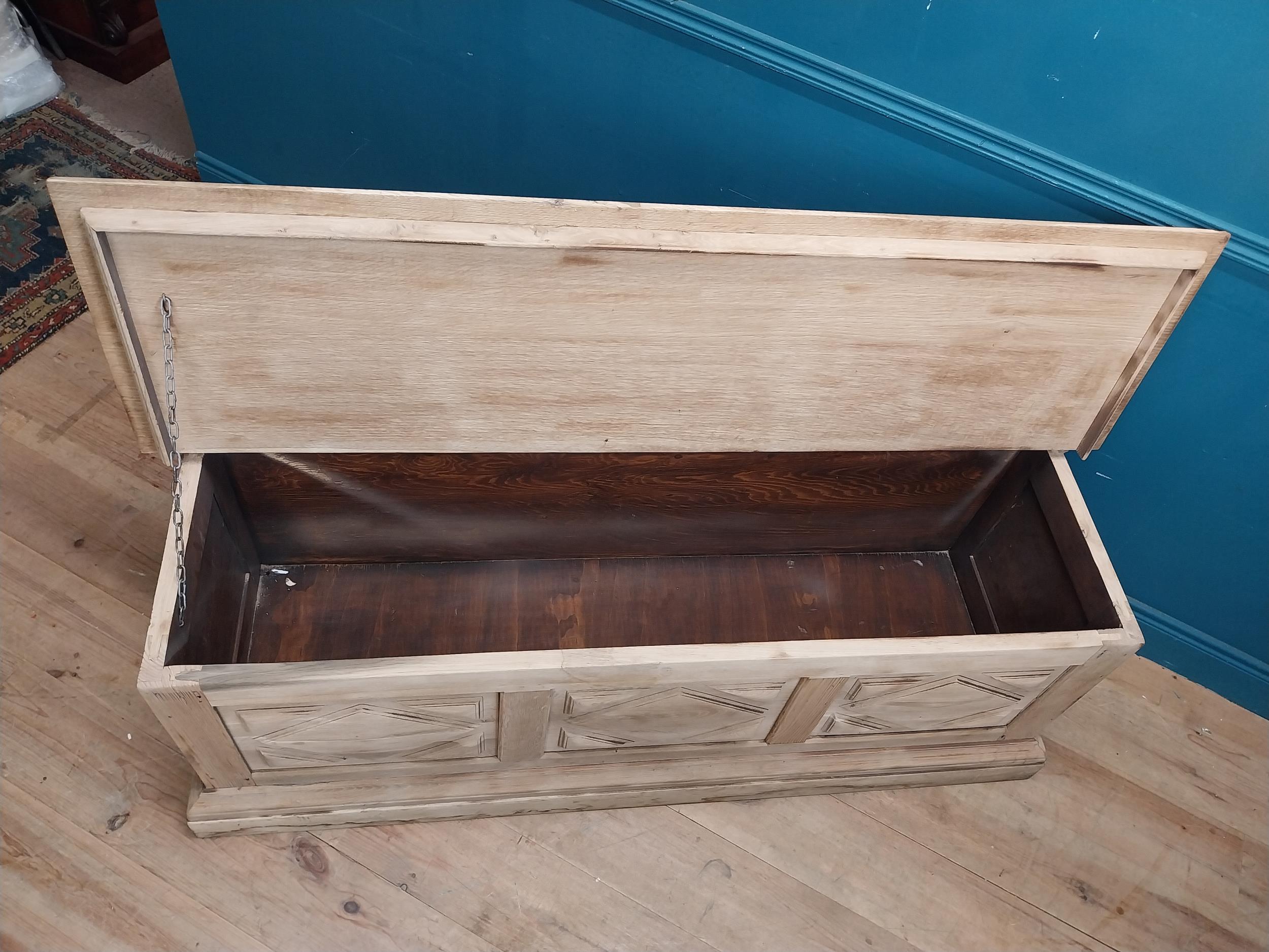 Early 20th C. bleached oak blanket box with metal mounts. {57 cm H x 162 cm W x 52 cm D}. - Image 6 of 6