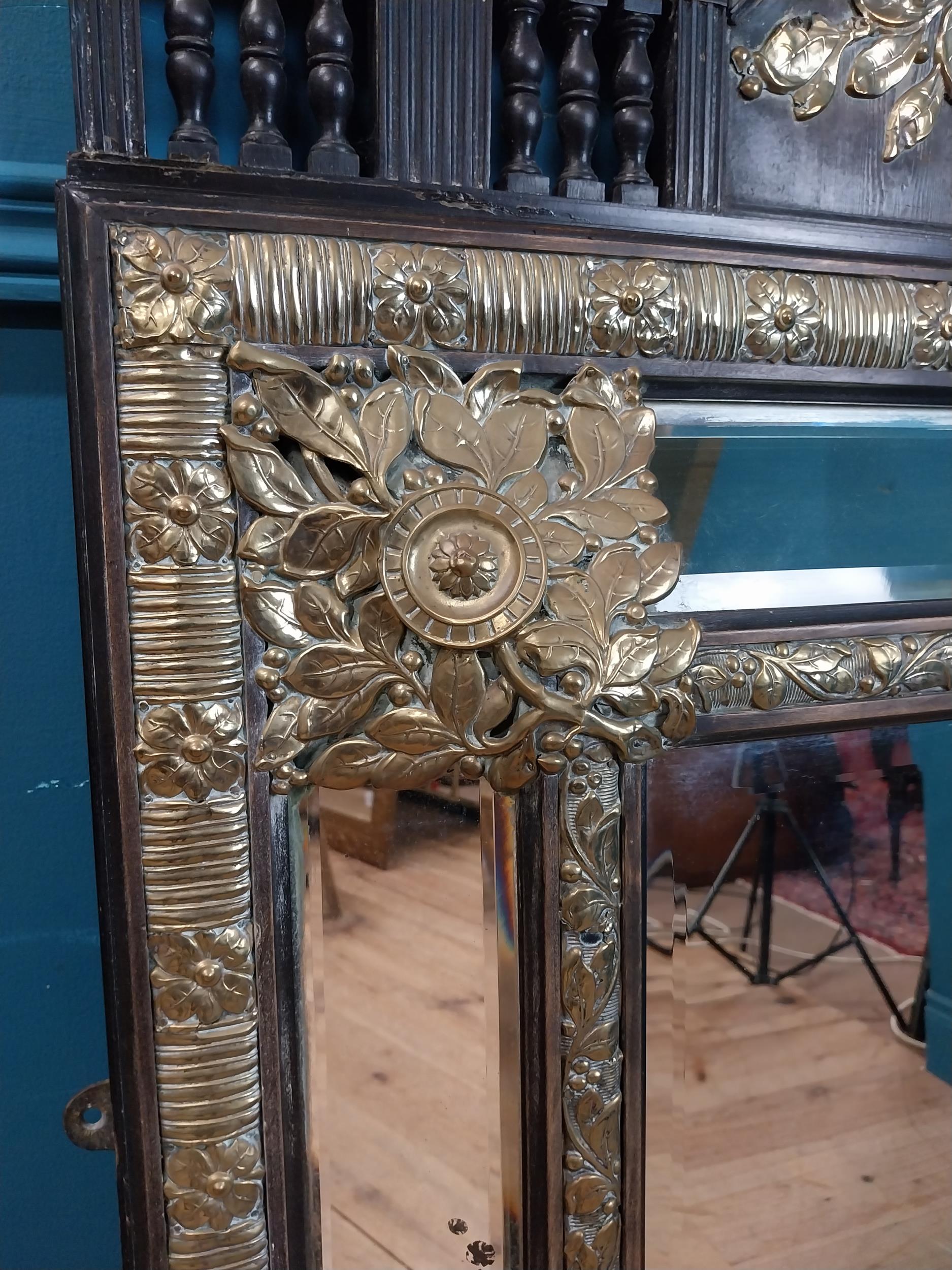 19th C. French brass and ebonised cushion mirror with floral decoration. {131 cm H x 86 cm W}. - Image 5 of 8