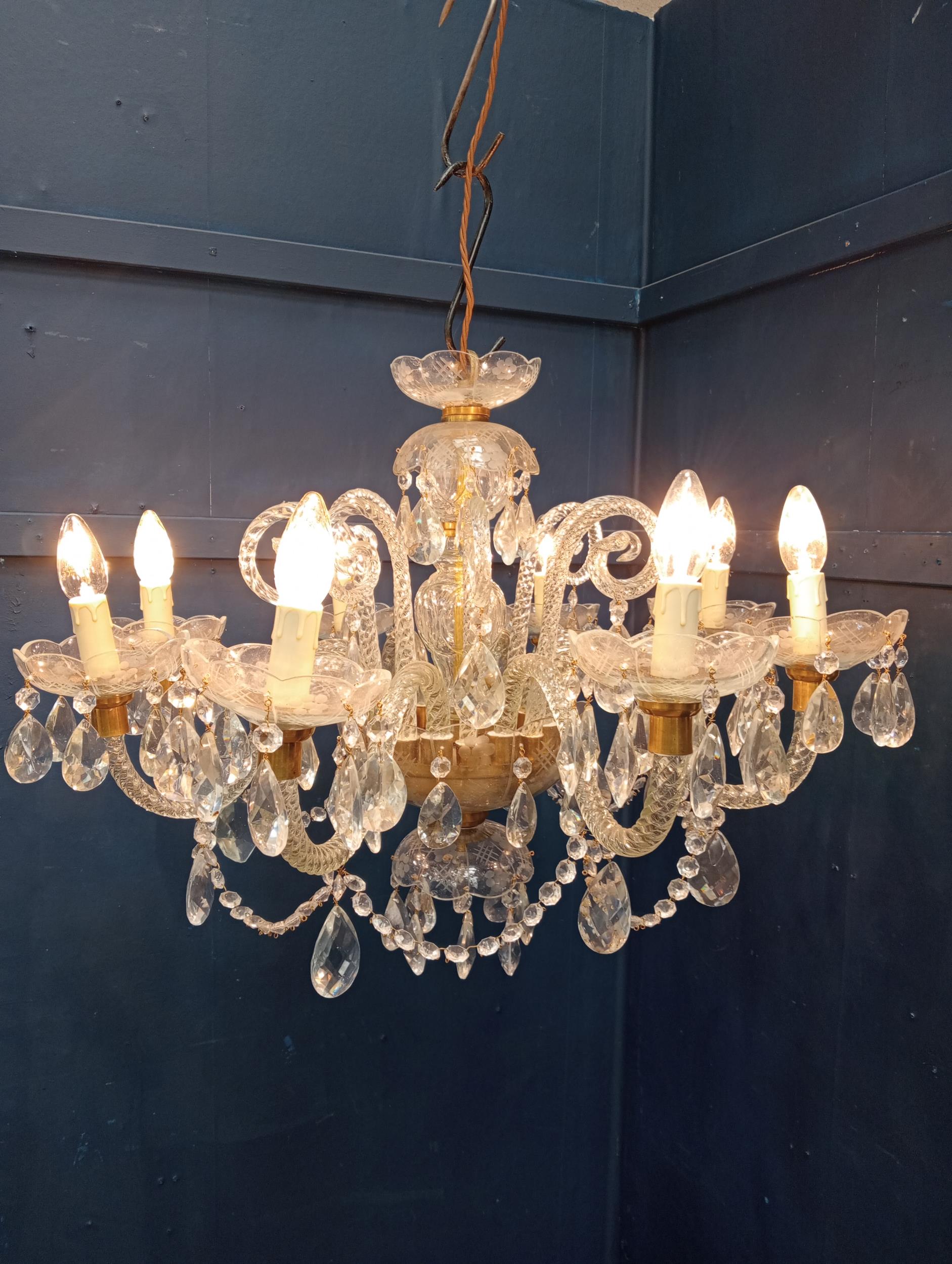 Cut glass eight branch chandelier {H 60cm x Dia 70cm }.