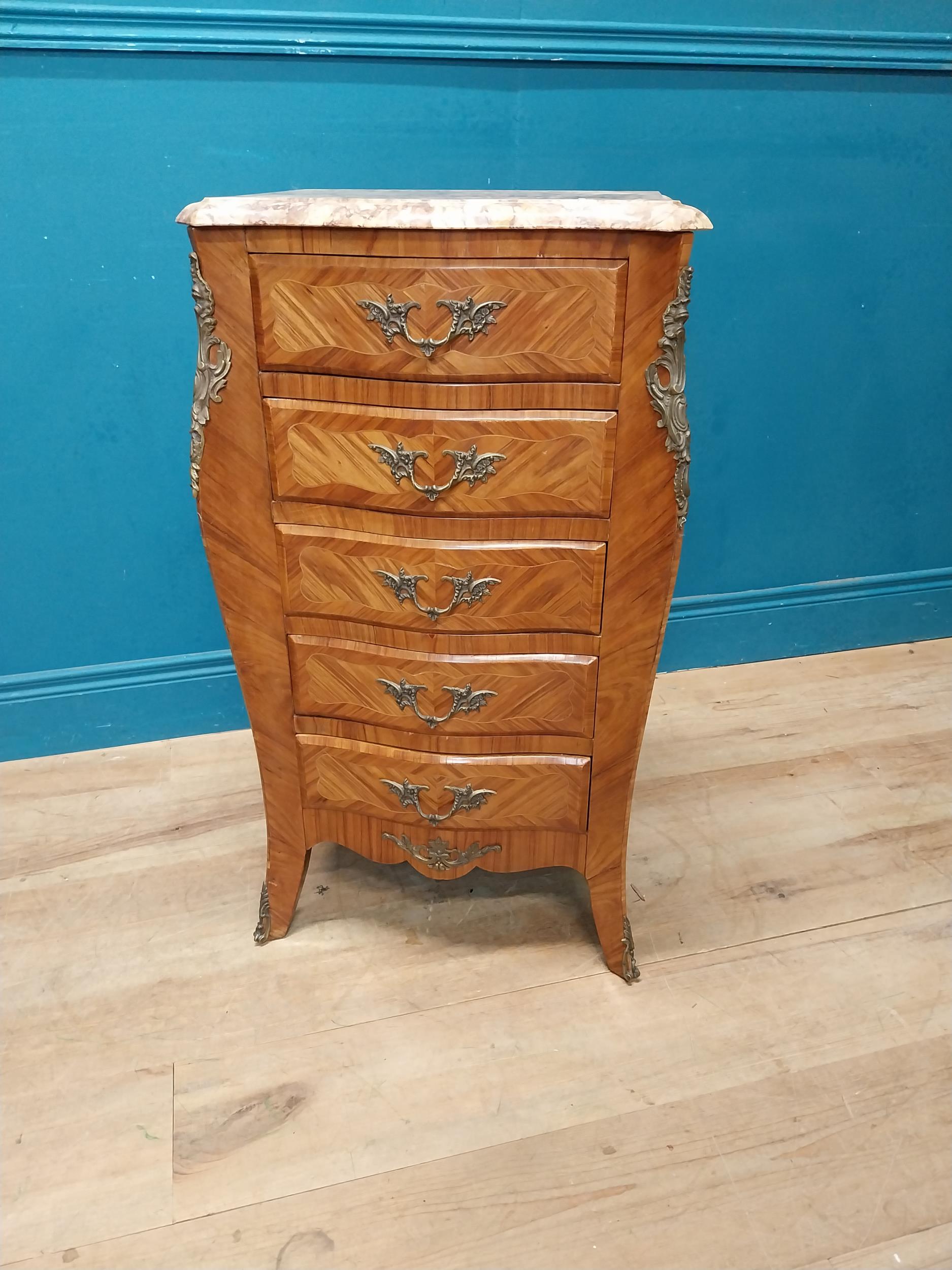 Edwardian kingwood chest of drawers with brass mounts and marble tops. {82 cm H x 45 cm W x 30 cm