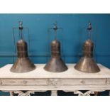 Set of three brass hanging lamps {70 cm H x 37 cm Dia.}.