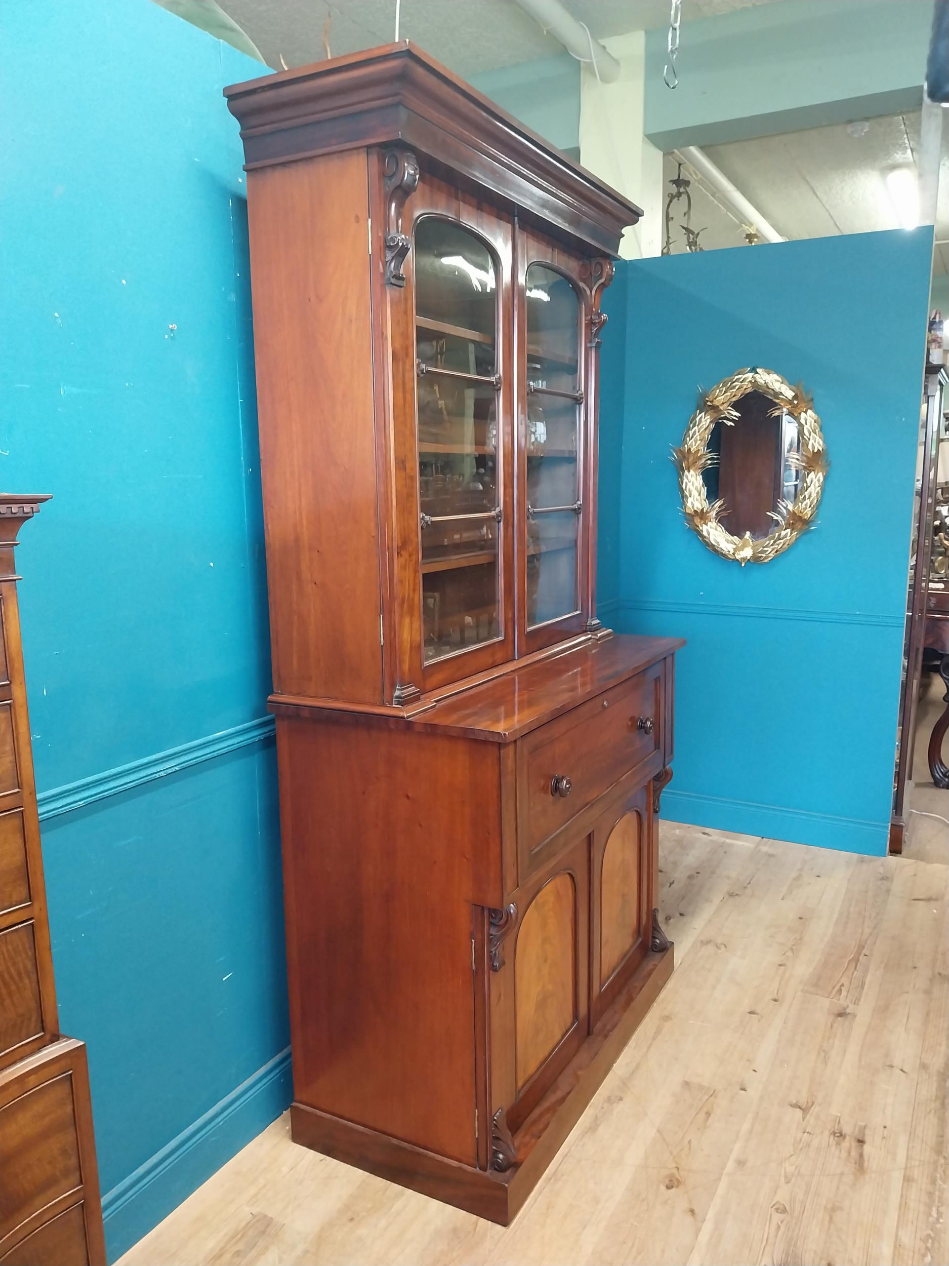 19th C. mahogany bureau bookcase with two glazed doors and fitted interior over two blind doors {231 - Image 2 of 11