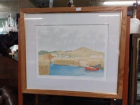 Coloured print James Allen Annalong Harbour Limited Edition 35/40 mounted in wooden frame { 73cm H X