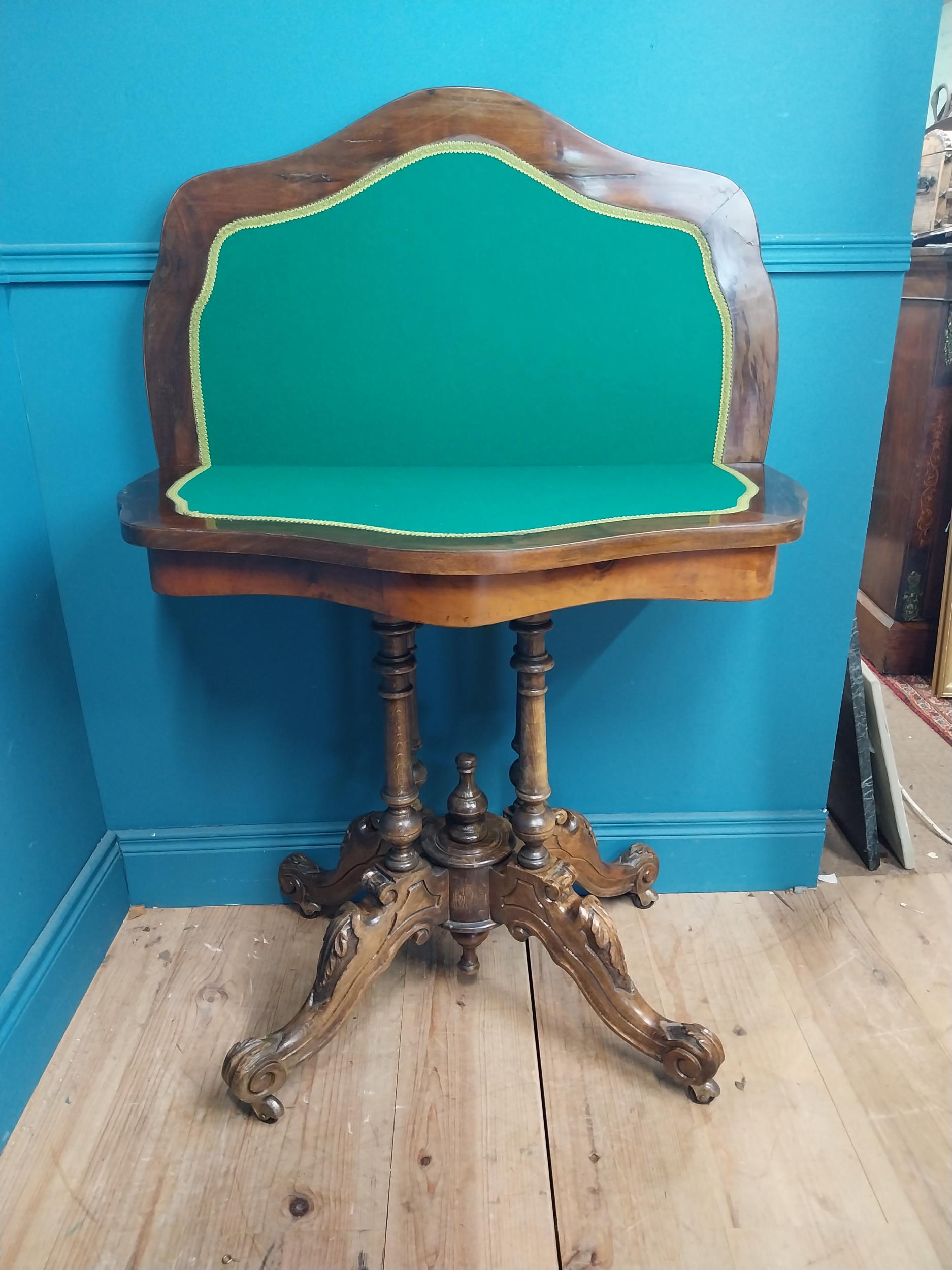 19th C. walnut turn over leaf card table raised on turned columns, four carved outwept feet and - Image 4 of 5