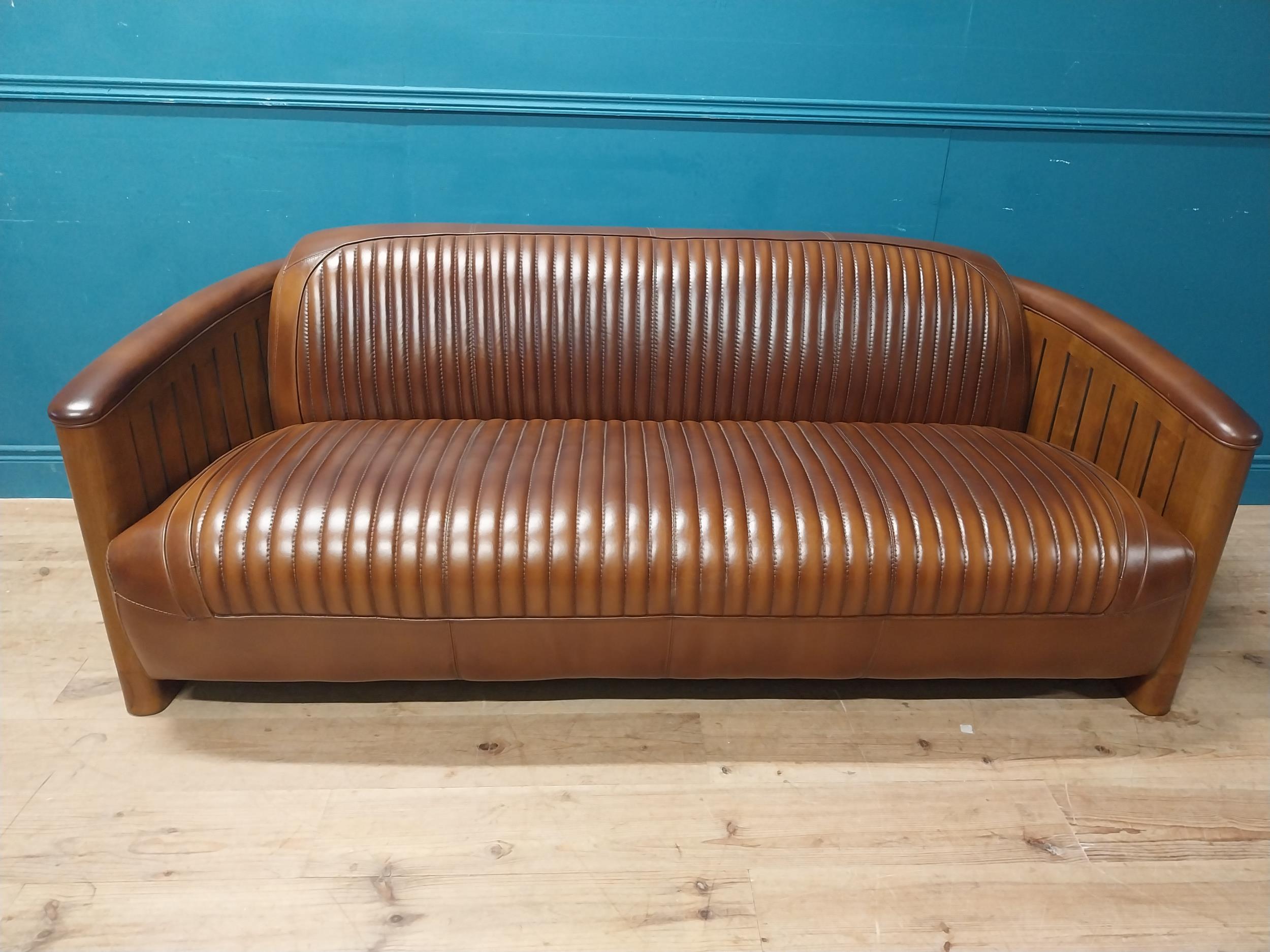 Exceptional quality hand dyed leather and cherrywood Aviator sofa. {} - Image 2 of 11