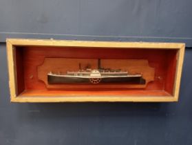 Half model of a paddle steamer mounted in wooden case {H 31cm x W 81cm x D 11cm }.