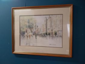 Olivia Hayes 'Town Square' watercolour mounted in wooden frame {80 cm H x 100 cm W}.