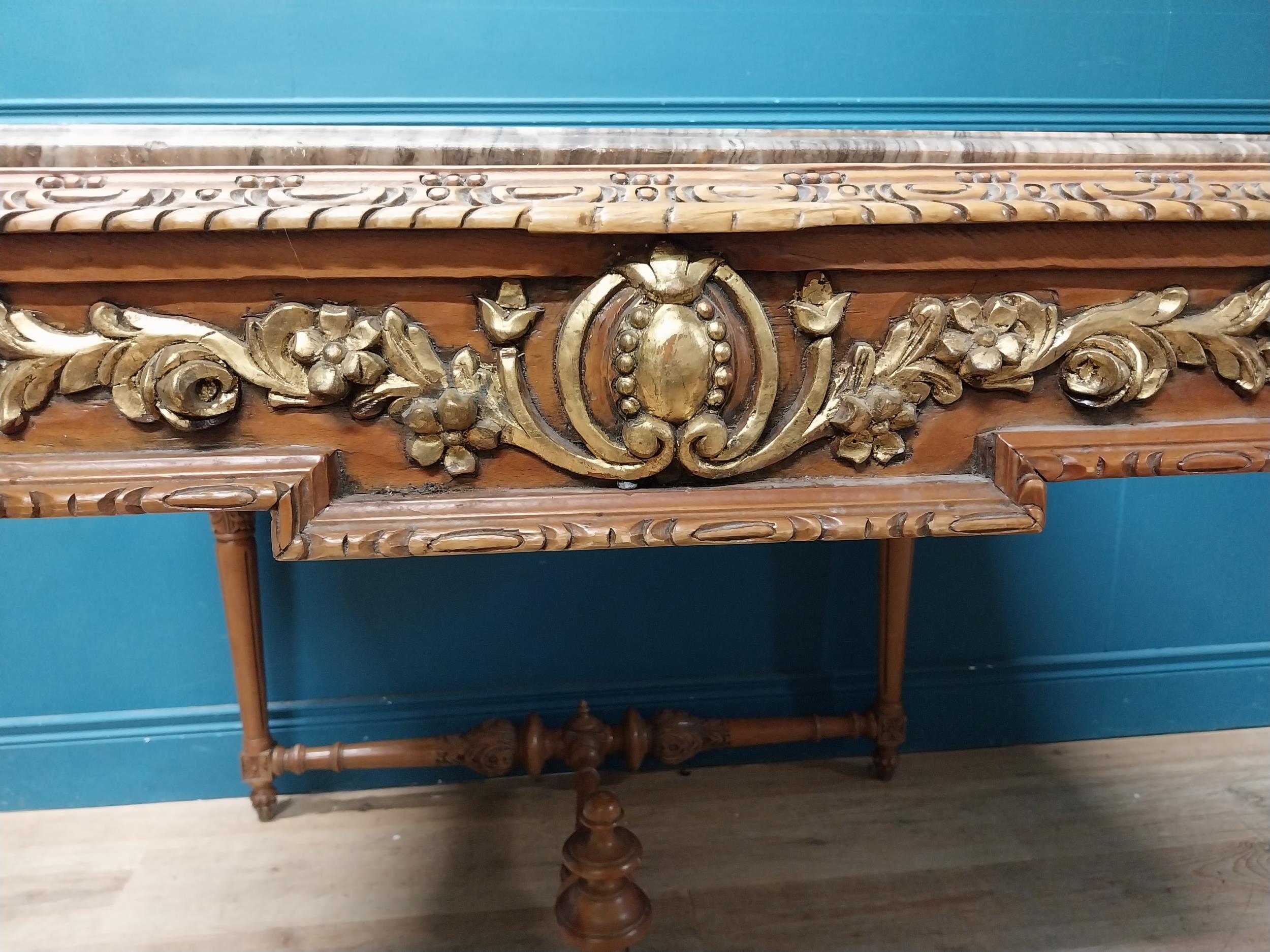 Walnut and partial gilt centre table with marble top raised on carved turned legs {87 cm H x 104 - Image 9 of 9