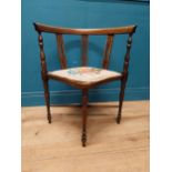 Edwardian mahogany corner chair with tapestry upholstered seat raised on turned legs {71 cm H x 62