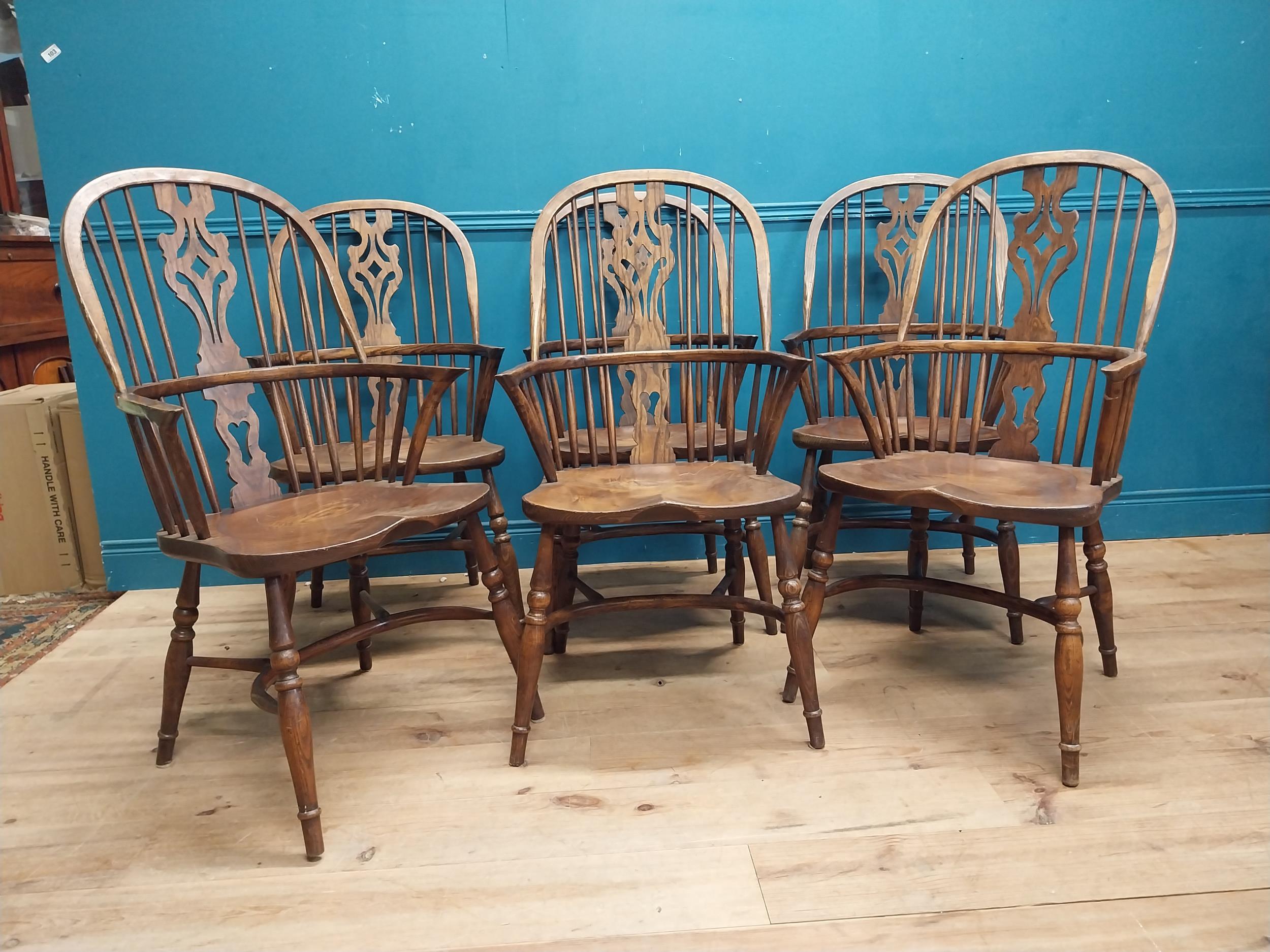 Set of six early 20th C. ash and elm Windsor armchairs raised on carved legs {106 cm H x 58 cm W x