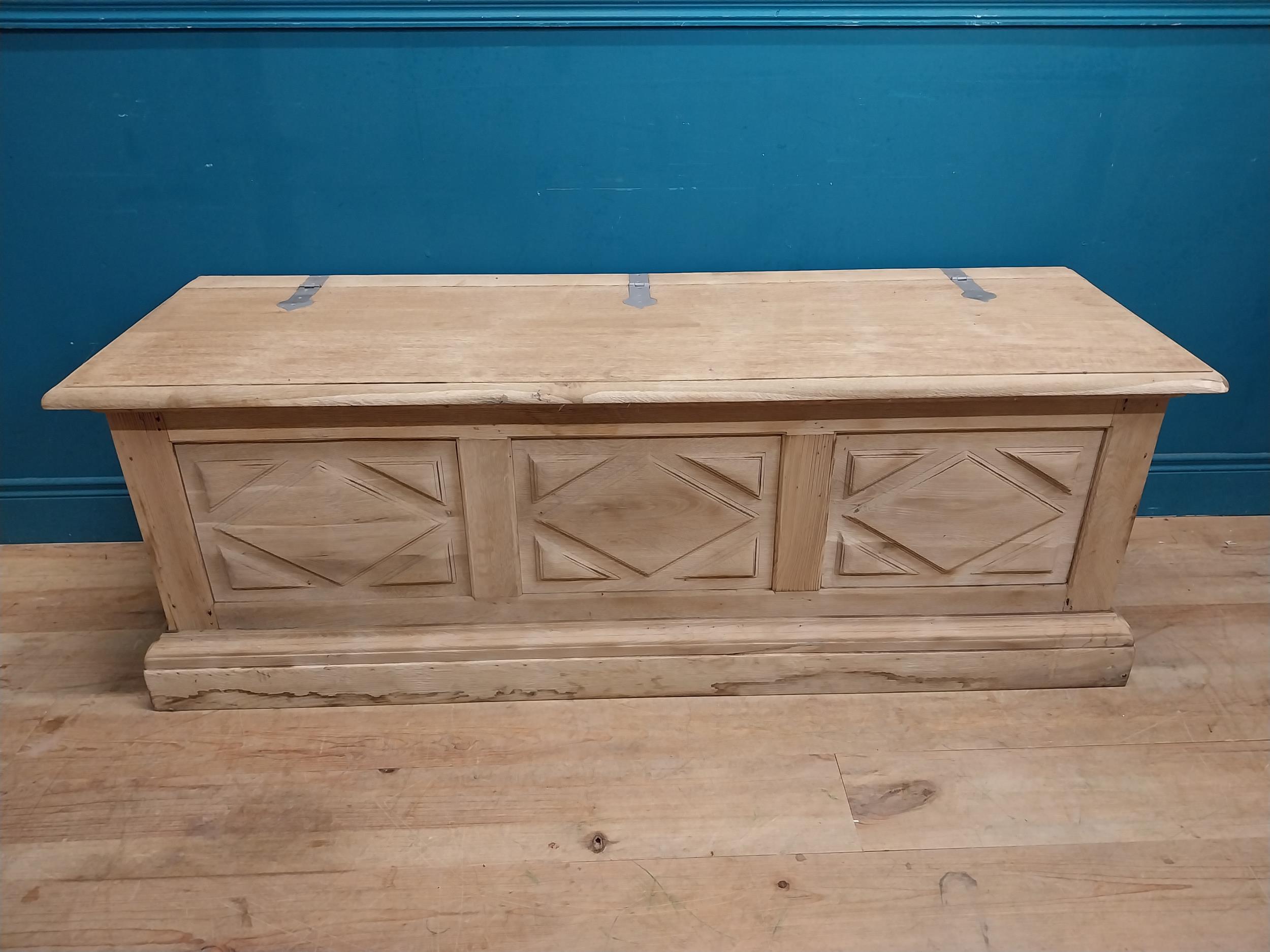 Early 20th C. bleached oak blanket box with metal mounts. {57 cm H x 162 cm W x 52 cm D}. - Image 3 of 6