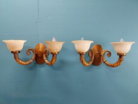 Pair of good quality gilded bronze two branch wall lights with decorative shades. {21 cm H x 50 cm W