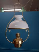 19th C. hanging brass oil lamp with opaline shade. {70 cm H x 36 cm W x 31 cm D}.