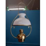 19th C. hanging brass oil lamp with opaline shade. {70 cm H x 36 cm W x 31 cm D}.