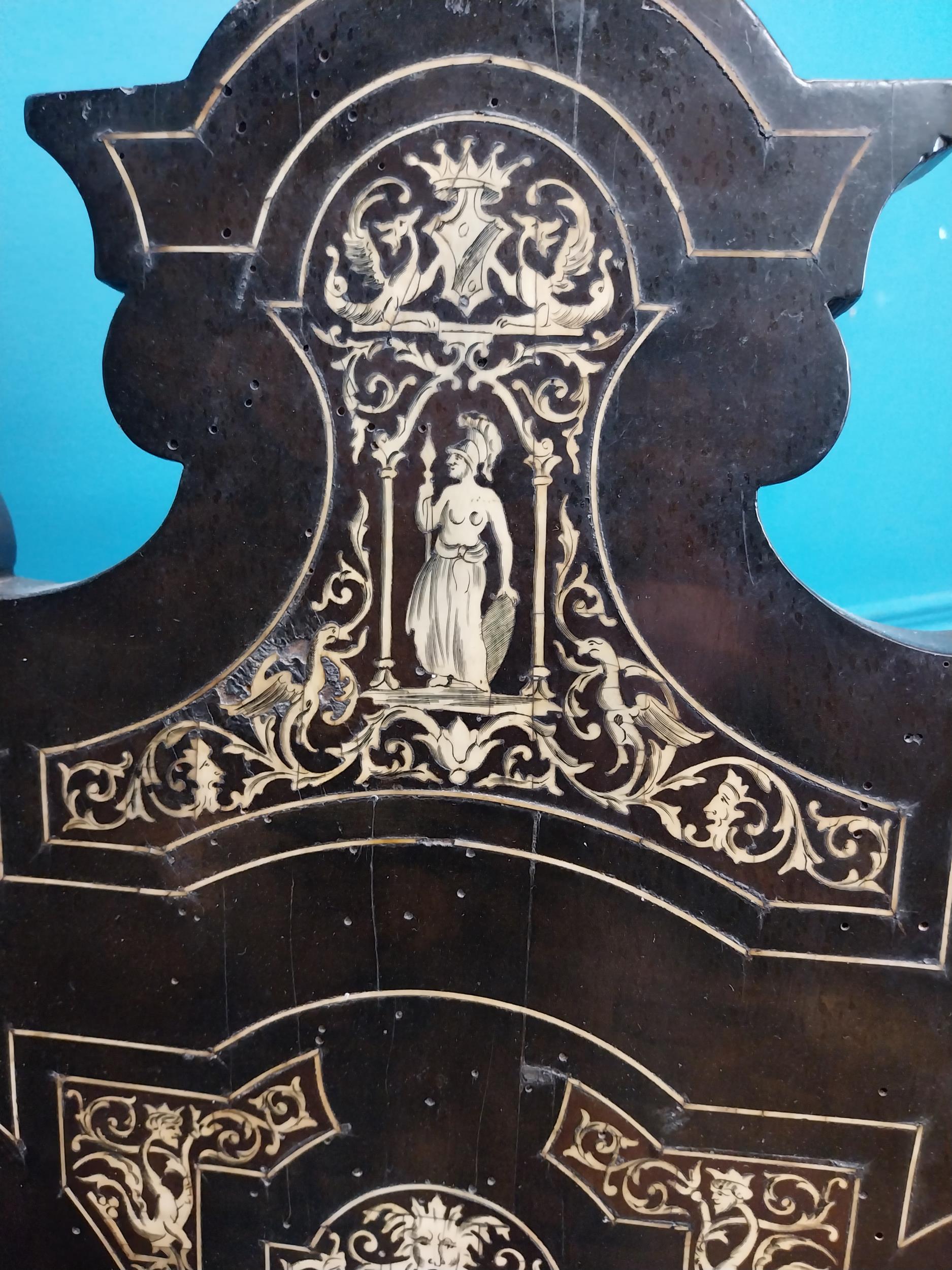 Pair of Aesthetic Movement ebonised hall chairs with inlaid bone decoration of Grecian imagery. {126 - Image 14 of 16