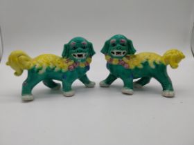 Pair of glazed ceramic Dogs of Fu. {14 cm H x 21 cm W x 10 cm D}.