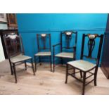 Set of three Art Nouveau mahogany and upholstered chairs and one open armchair. Chairs {94 cm H x 42