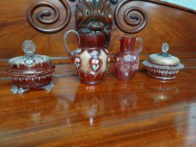 Two 19th C. painted ruby glass jugs {18 cm H x 12 cm Dia.} and {16 cm H x 12 cm Dia.} and two