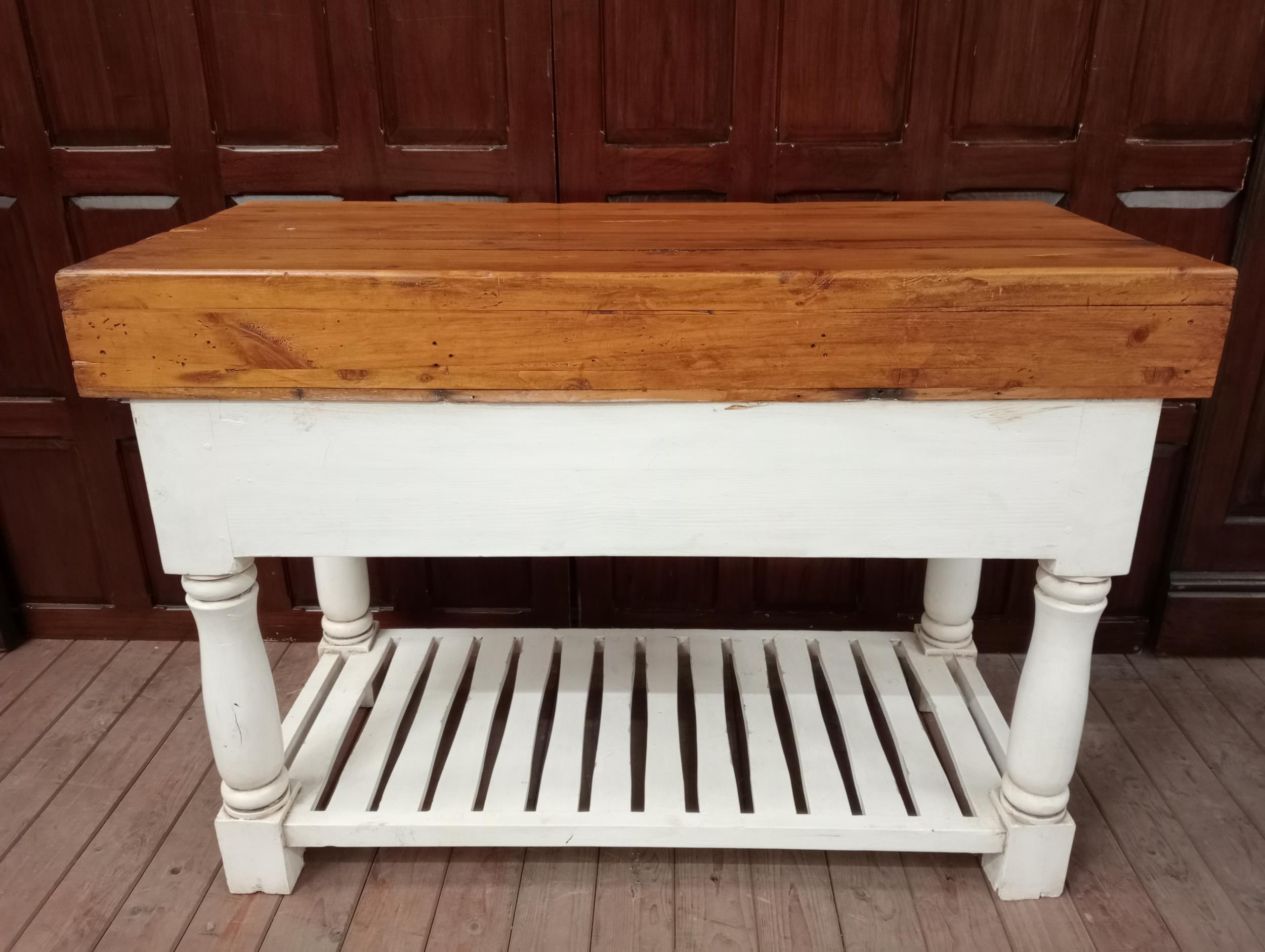 Butchers block with three short drawers raised on turned legs {H 90cm x W 130cm x D 59cm }. - Image 6 of 6