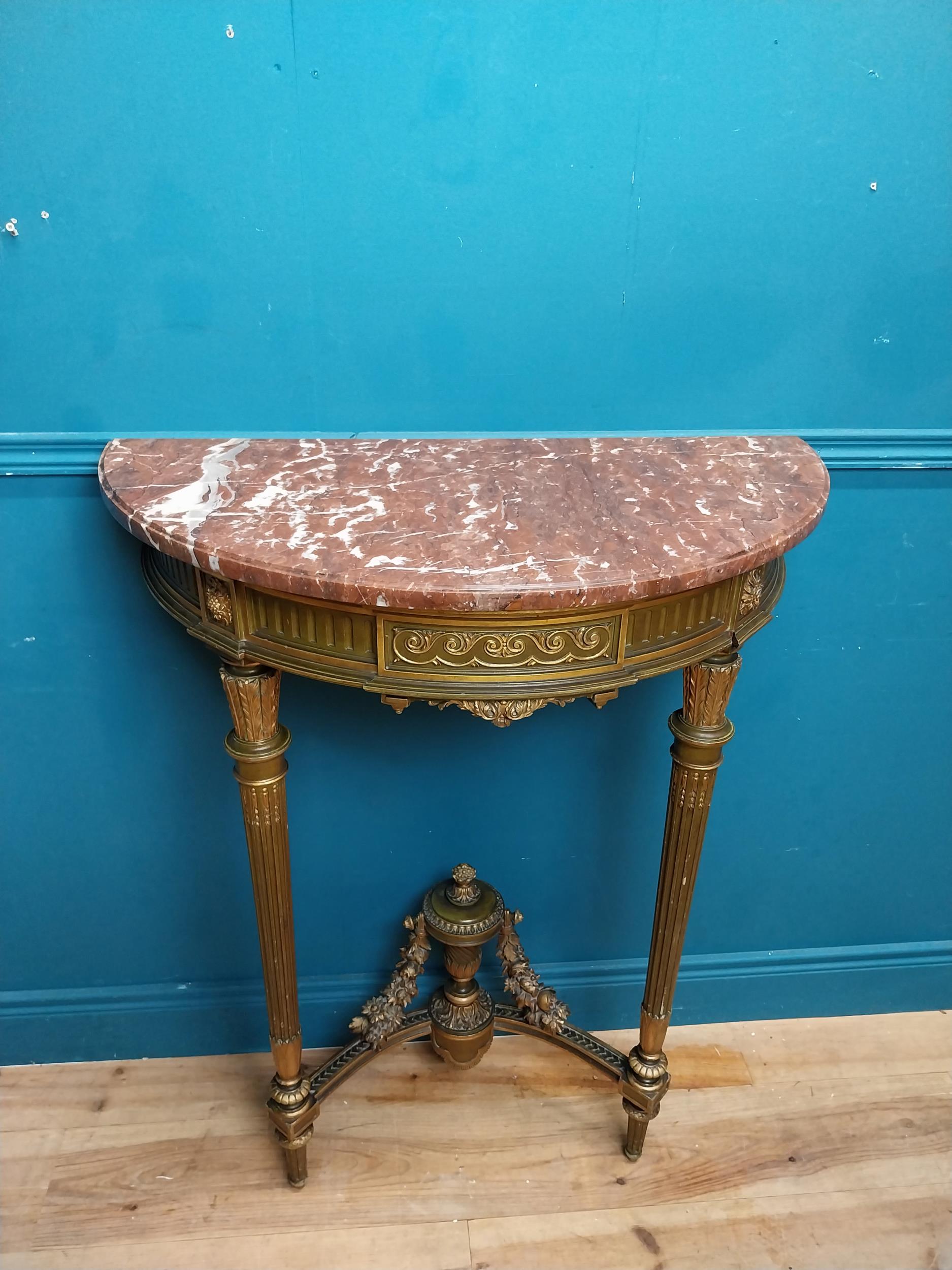 Good quality giltwood and painted console table with marble top on tapered reeded legs. {101 cm H - Image 2 of 7