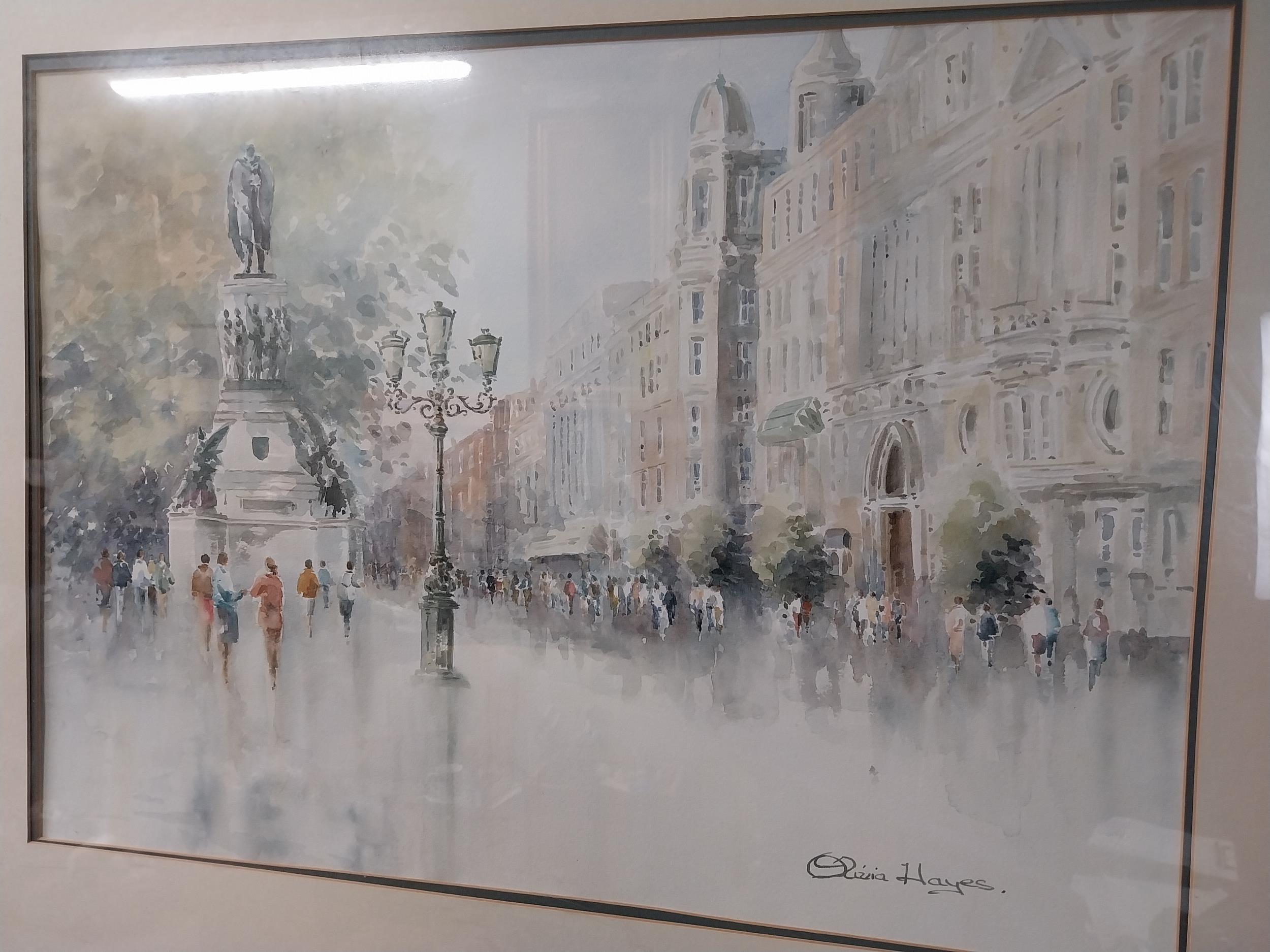 Olivia Hayes 'Town Square' watercolour mounted in wooden frame {80 cm H x 100 cm W}. - Image 5 of 5