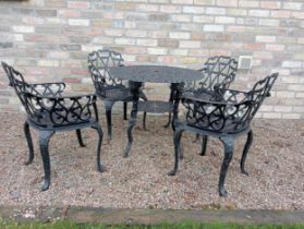 Cast aluminium black garden table and four armchairs {Chairs H 80cm x W 58cm x D 50cm Table H 69cm x