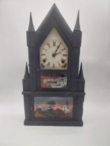 19th C. stained pine steeple clock with painted boating scene.