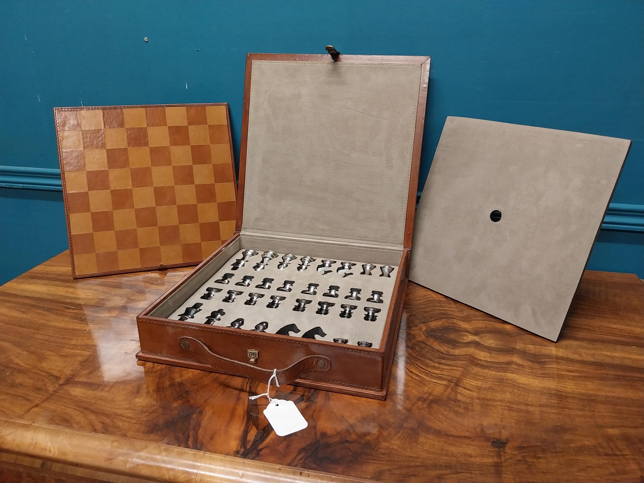 Cased leather chess set. - Image 2 of 5