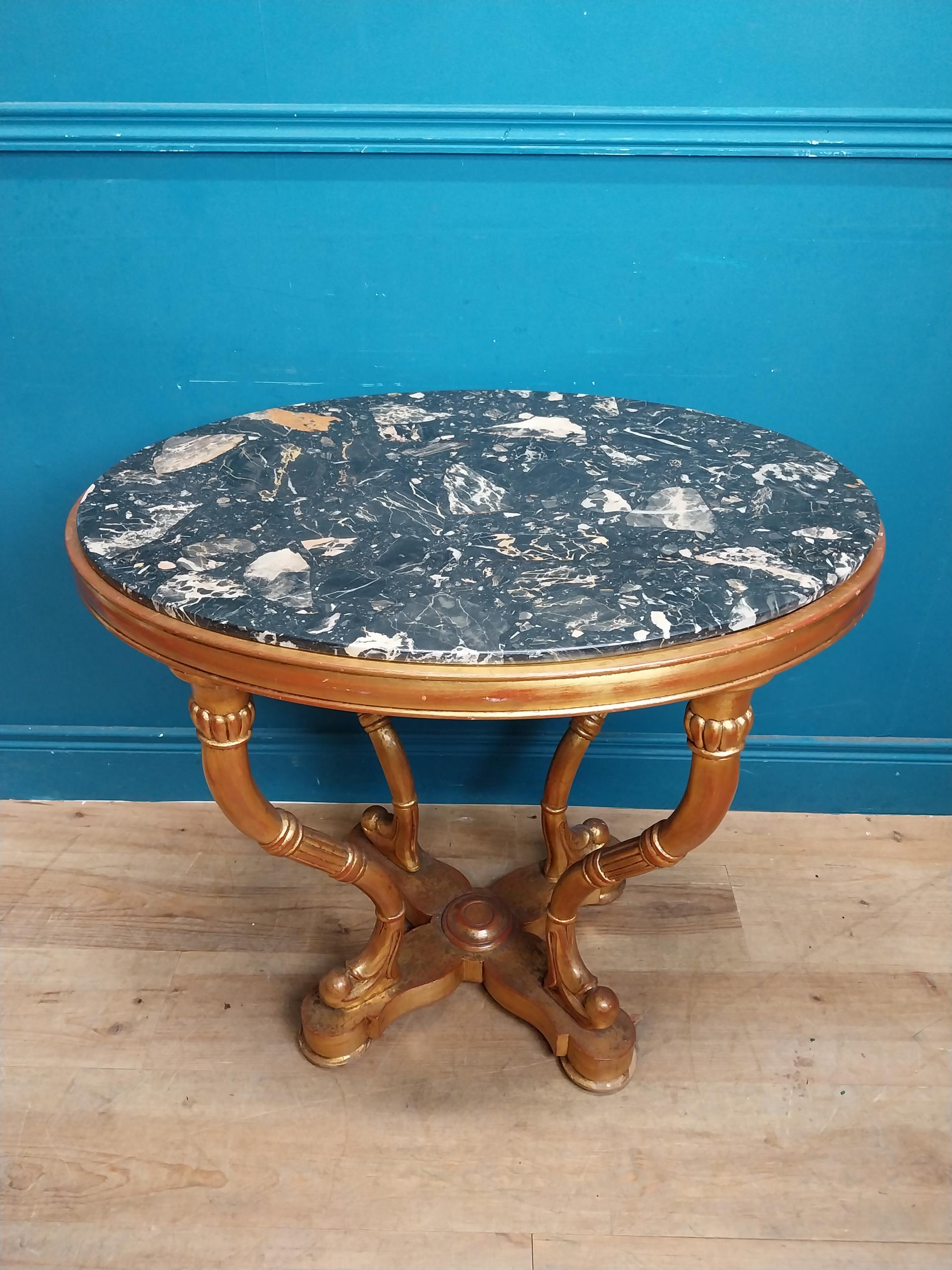 Decorative giltwood centre table with marble top raised on four shaped legs and x-frame platform - Image 2 of 7