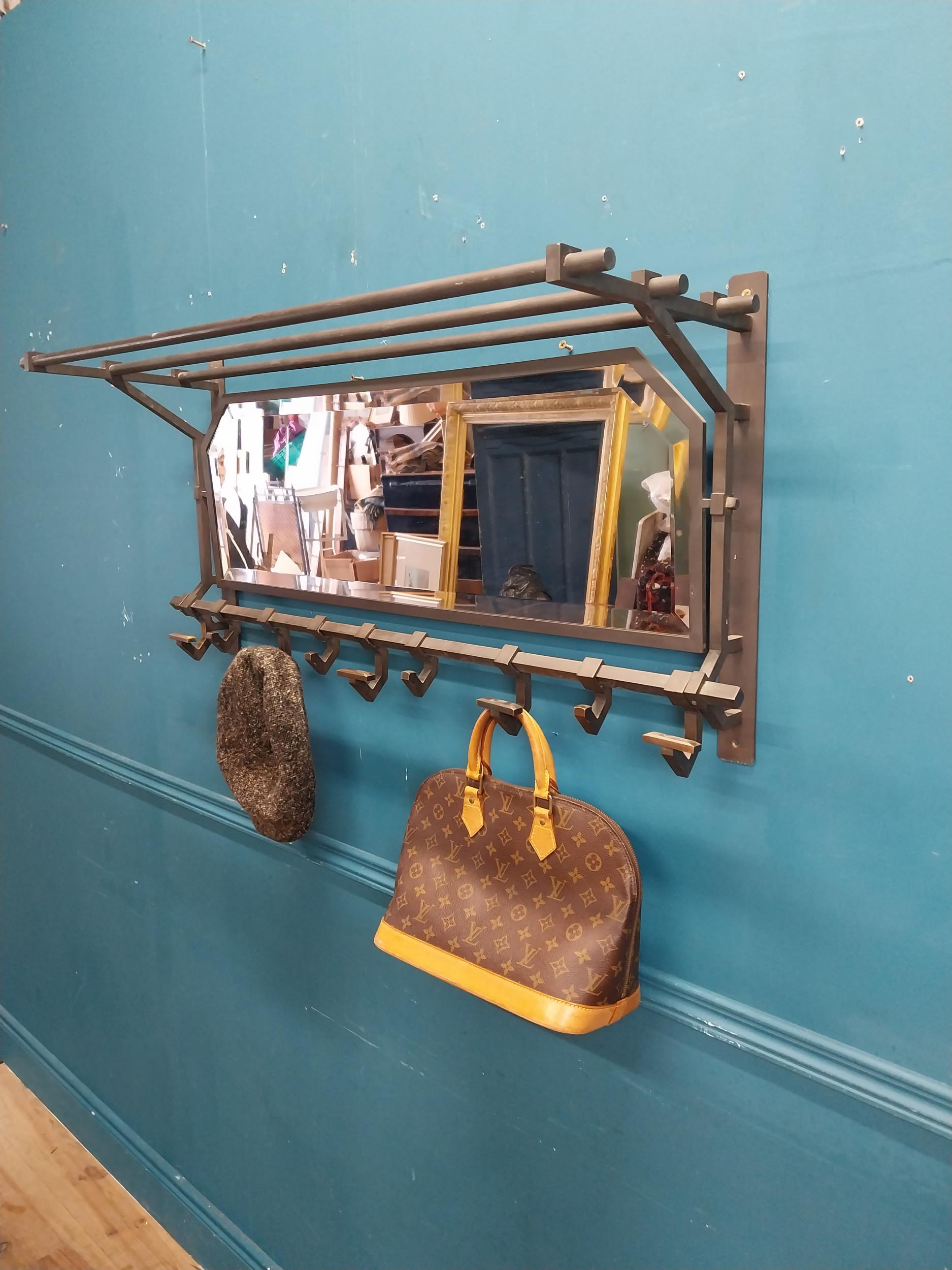 Rare early 20th C. bronze luggage and coat rack with mirror. {50 cm H x 101 cm W x 30 cm D}. - Image 3 of 6