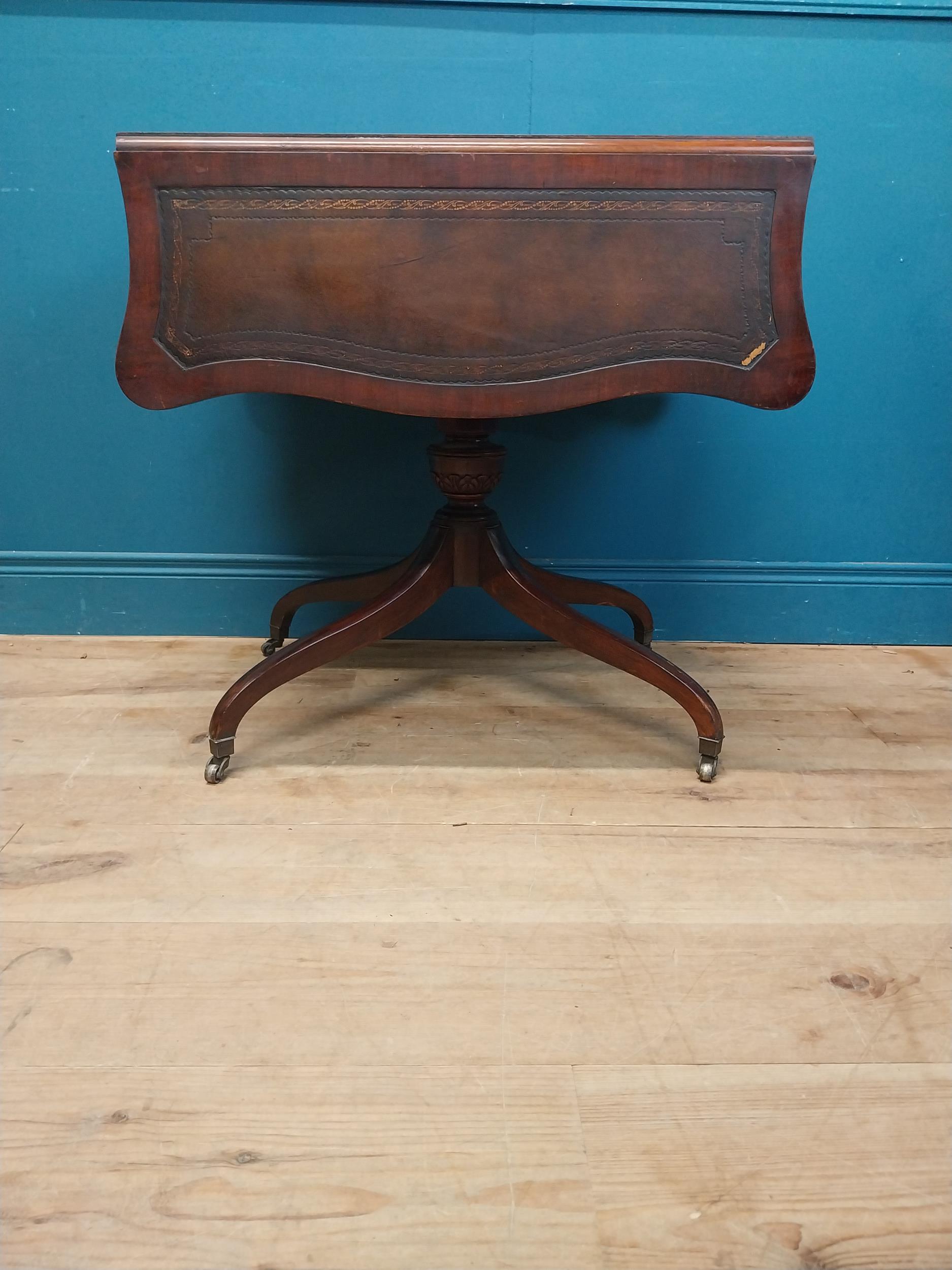 Walnut drop leaf centre table with leather top raised on carved column, four outswept feet and - Image 7 of 7