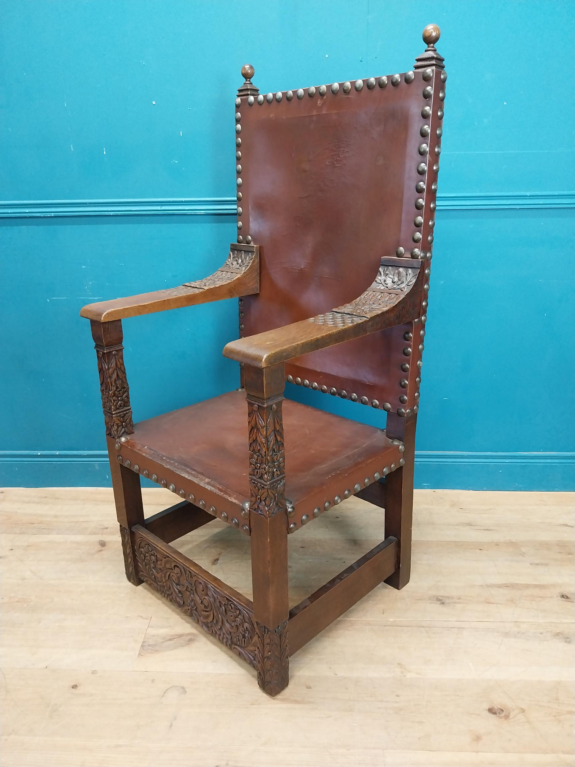 Edwardian carved oak and leather upholstered throne chair. {165 cm H x 63 cm W x 55 cm D}. - Image 3 of 9