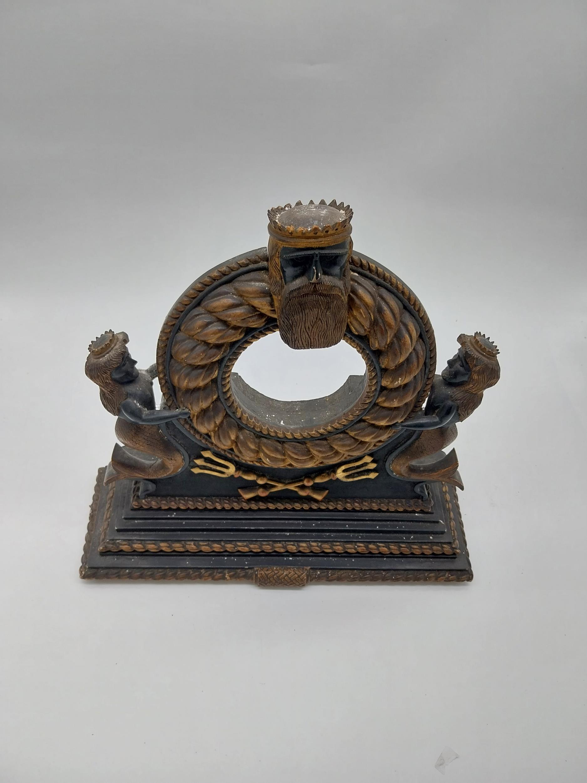 19th C. carved wooden barometer stand surmounted by Neptune and mermaids. {40 cm H x 40 cm W x 13 cm - Image 3 of 6