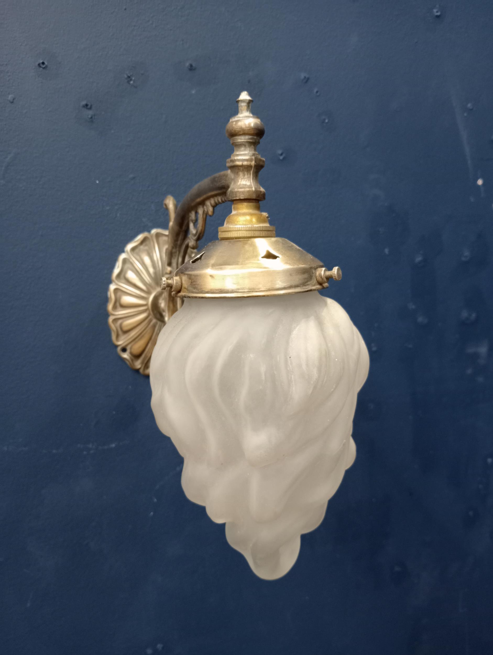 Brass wall light flame glass shade {H 30cm x W 13cm x D 26cm }.