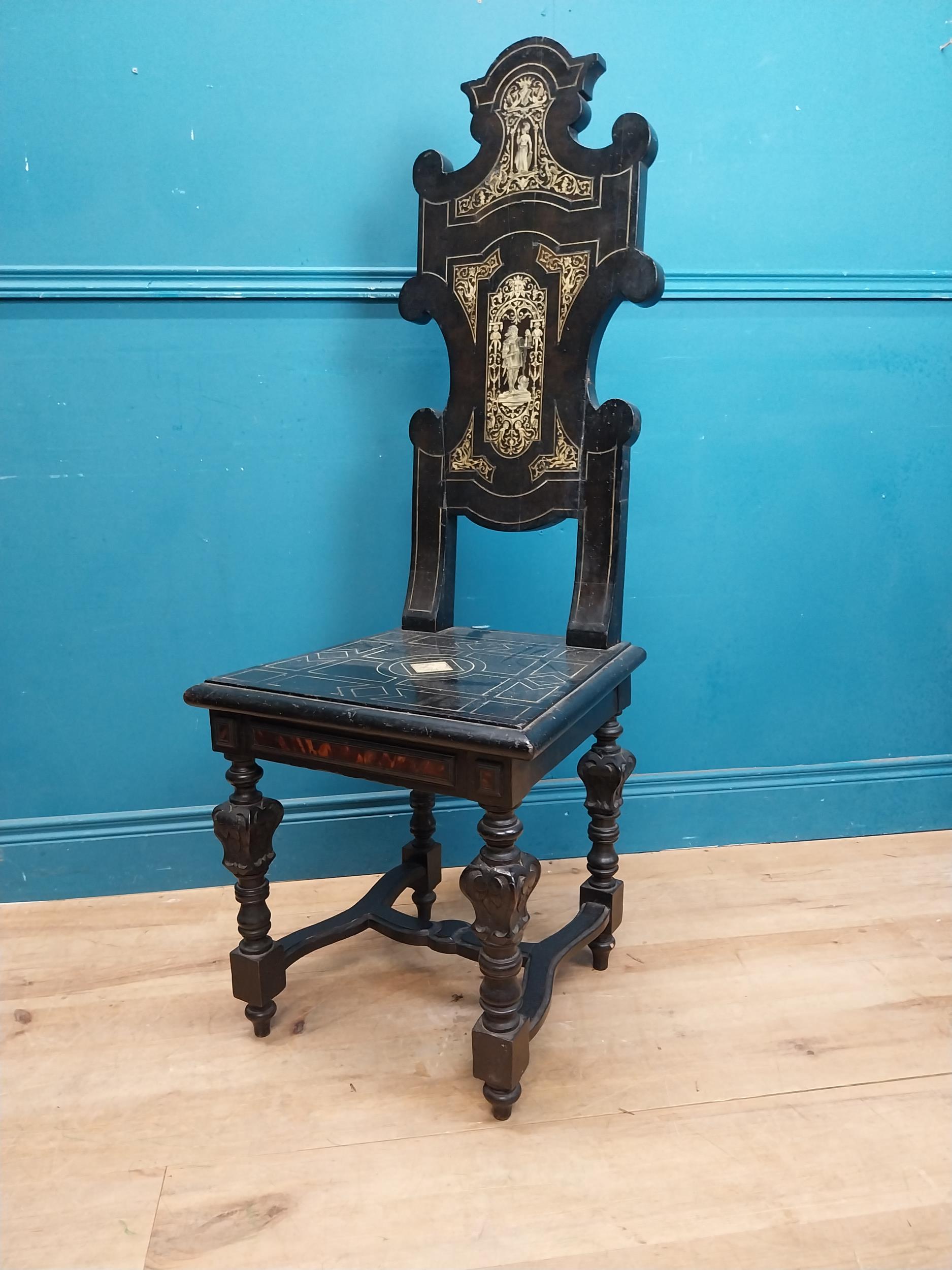 Pair of Aesthetic Movement ebonised hall chairs with inlaid bone decoration of Grecian imagery. {126 - Image 7 of 16