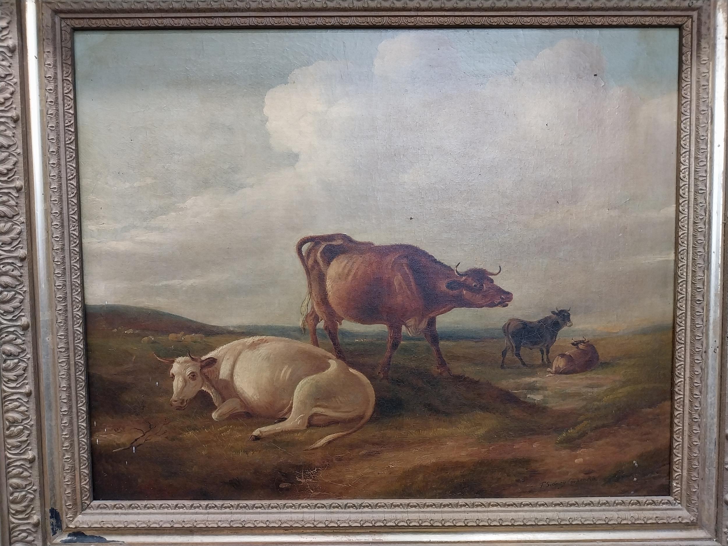 19th C. Cattle scene oil on canvas {67 cm H x 75 cm W}. - Image 3 of 5