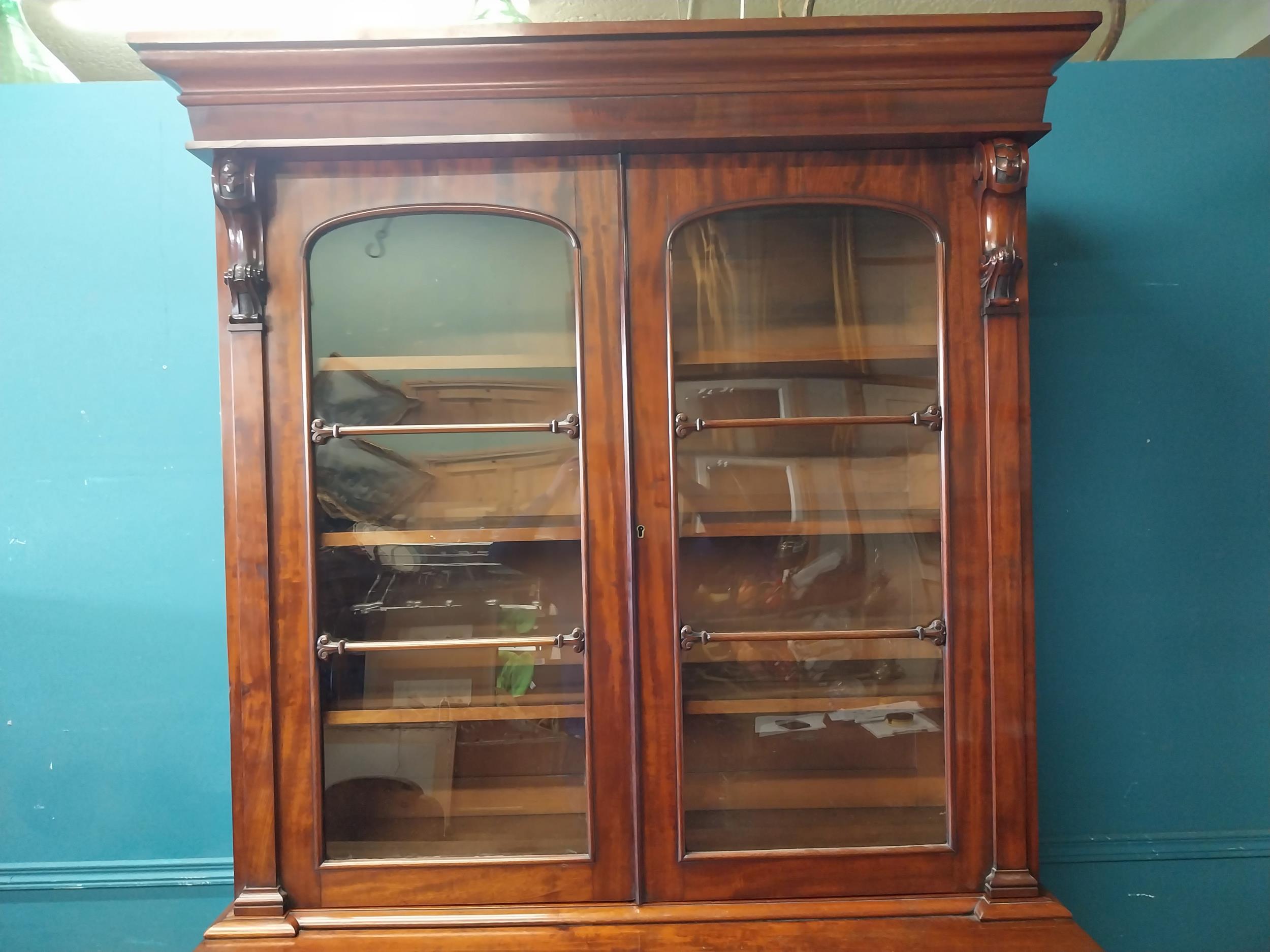 19th C. mahogany bureau bookcase with two glazed doors and fitted interior over two blind doors {231 - Image 3 of 11