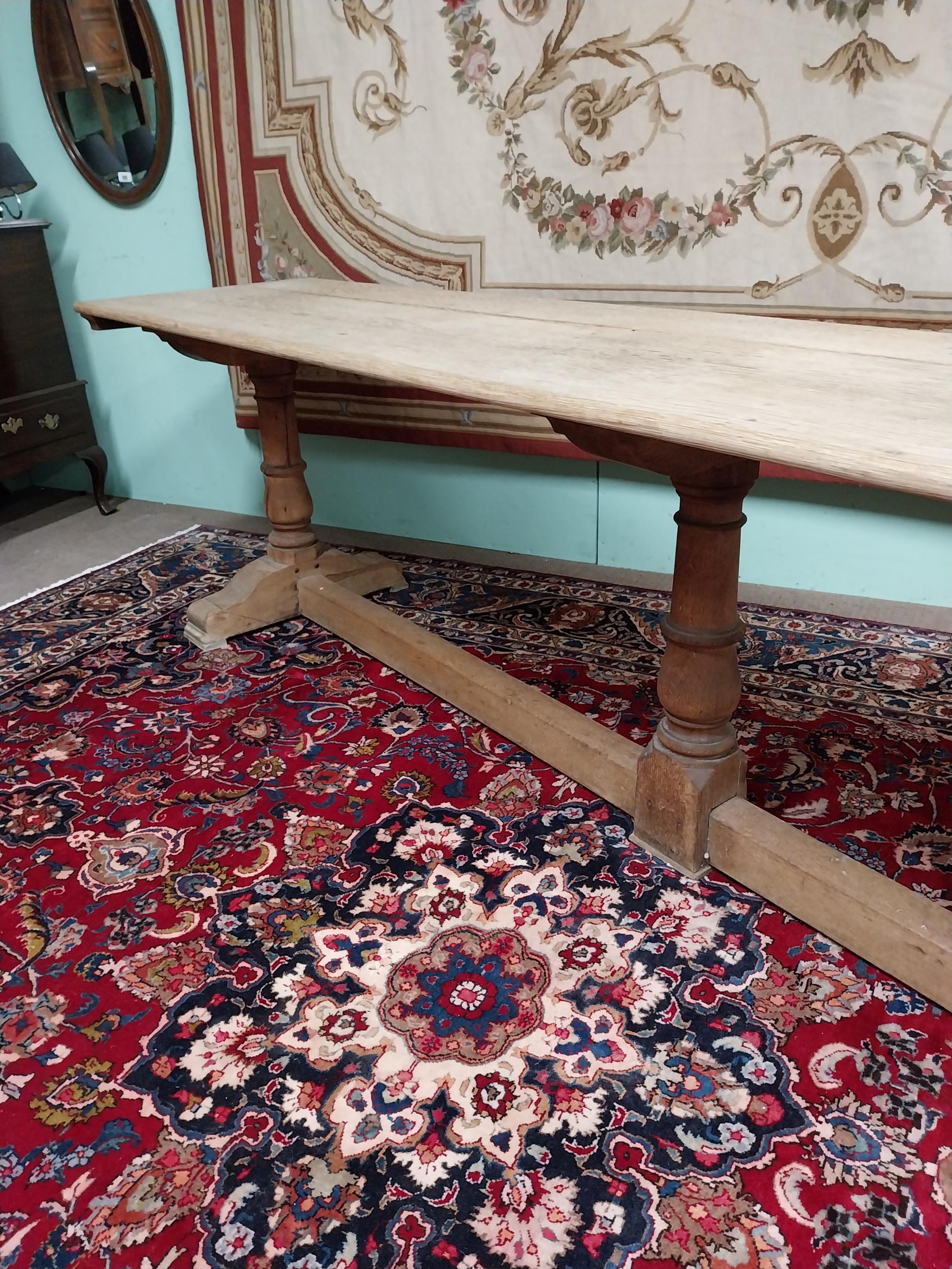 Exceptional quality bleached oak refectory table with two plank top raised on turned columns and - Image 5 of 9