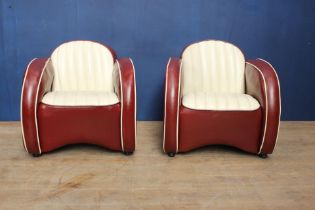 Pair of retro red and white ribbed leather tub chairs {H 80cm x W 75cm x D 60cm }.