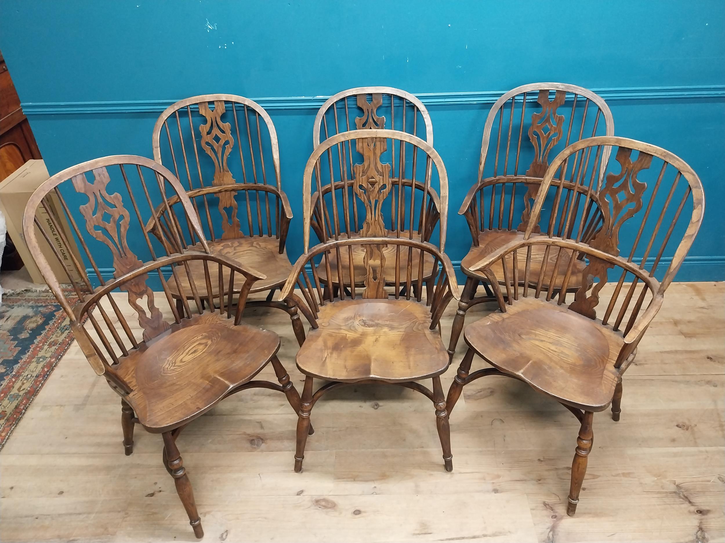 Set of six early 20th C. ash and elm Windsor armchairs raised on carved legs {106 cm H x 58 cm W x - Image 3 of 10